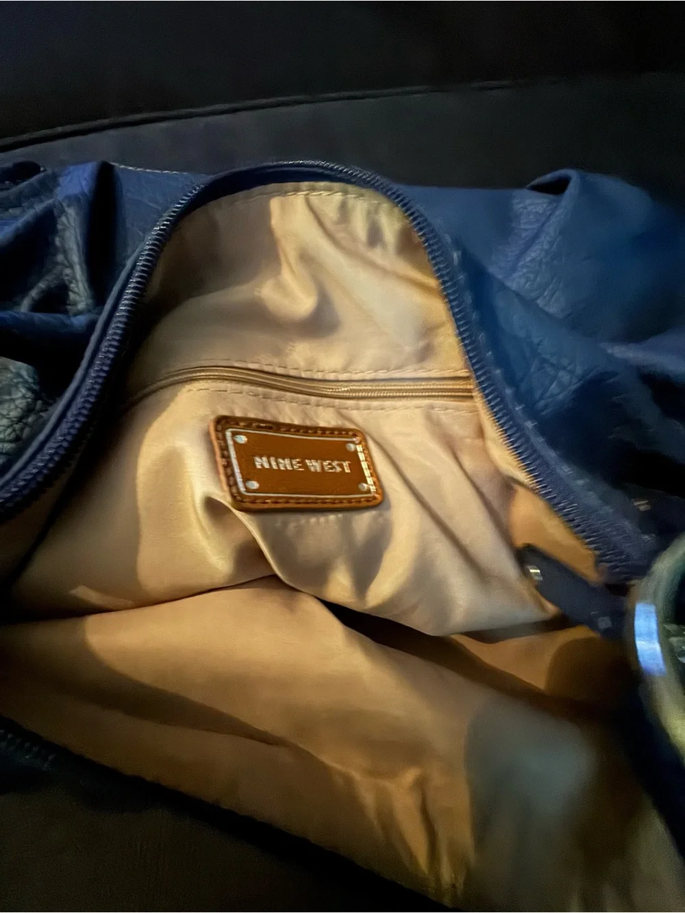 Nine West Dark Blue Pebbled Leather Hobo with Gold Accents